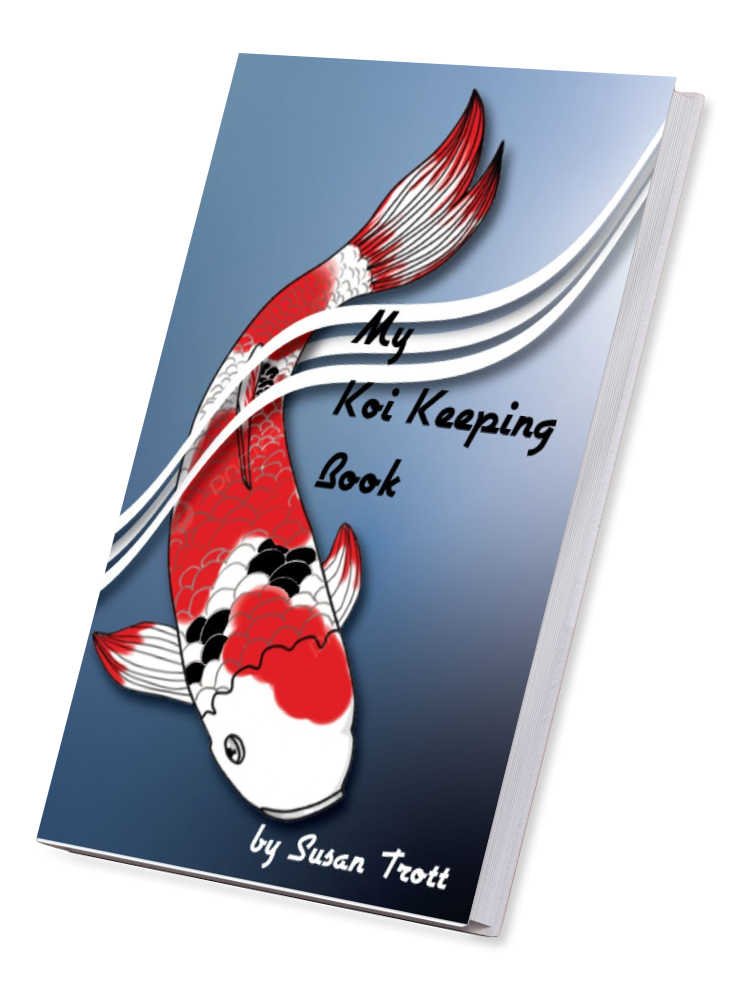 “Book cover of My Koi Keeping Book by Susan Trott — a silver and red koi fish guide and journal for recording pond maintenance, water tests, and fish care.”