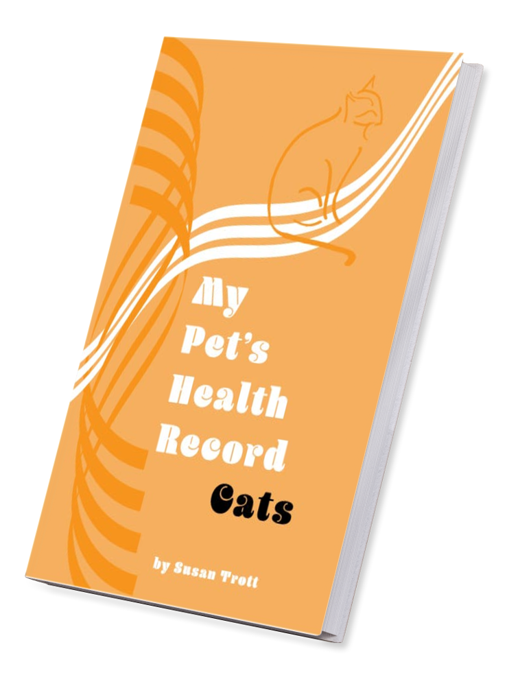“Book cover of My Pet’s Health Record: Cats by Susan Trott — an orange journal designed to record vet visits, vaccinations, and memories for your feline companion.”